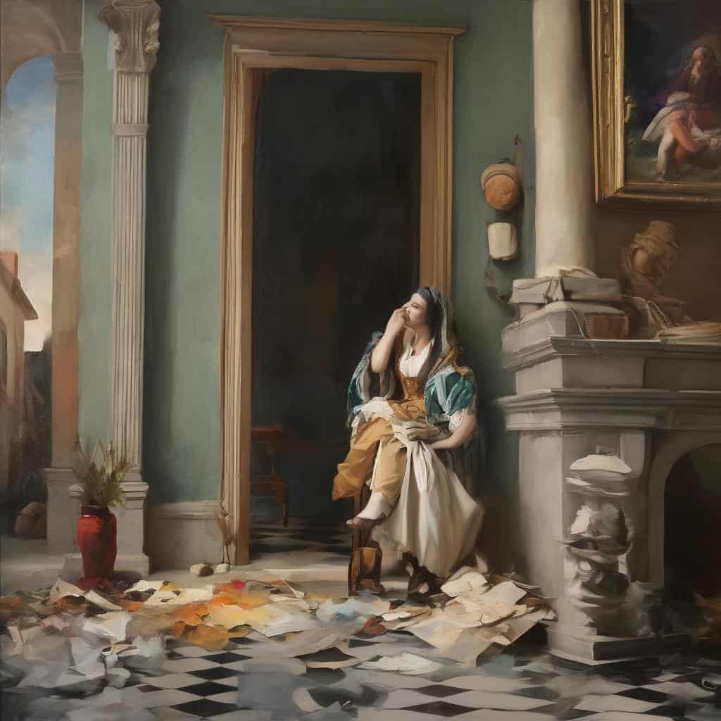 Πορτρέτο γυναίκας σε κλασικό εσωτερικό χώρο με βιβλία και πίνακες, συμβολισμός πολιτικής έκφρασης και καλλιτεχνικής αναζήτησης.