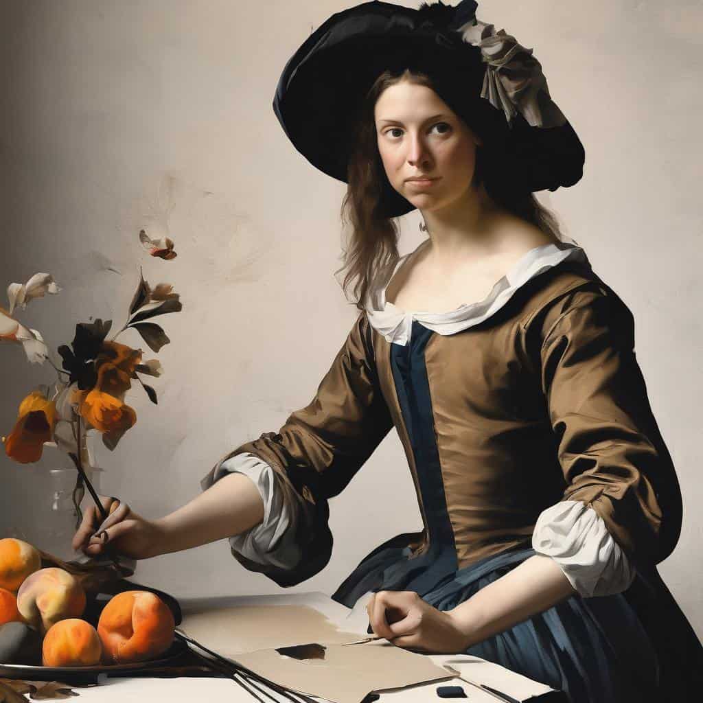 Παριστάνεση γυναίκας σε ρετρό στυλ με λουλούδια και φρούτα, εξερευνώντας την πολιτική έκφραση μέσω τέχνης.