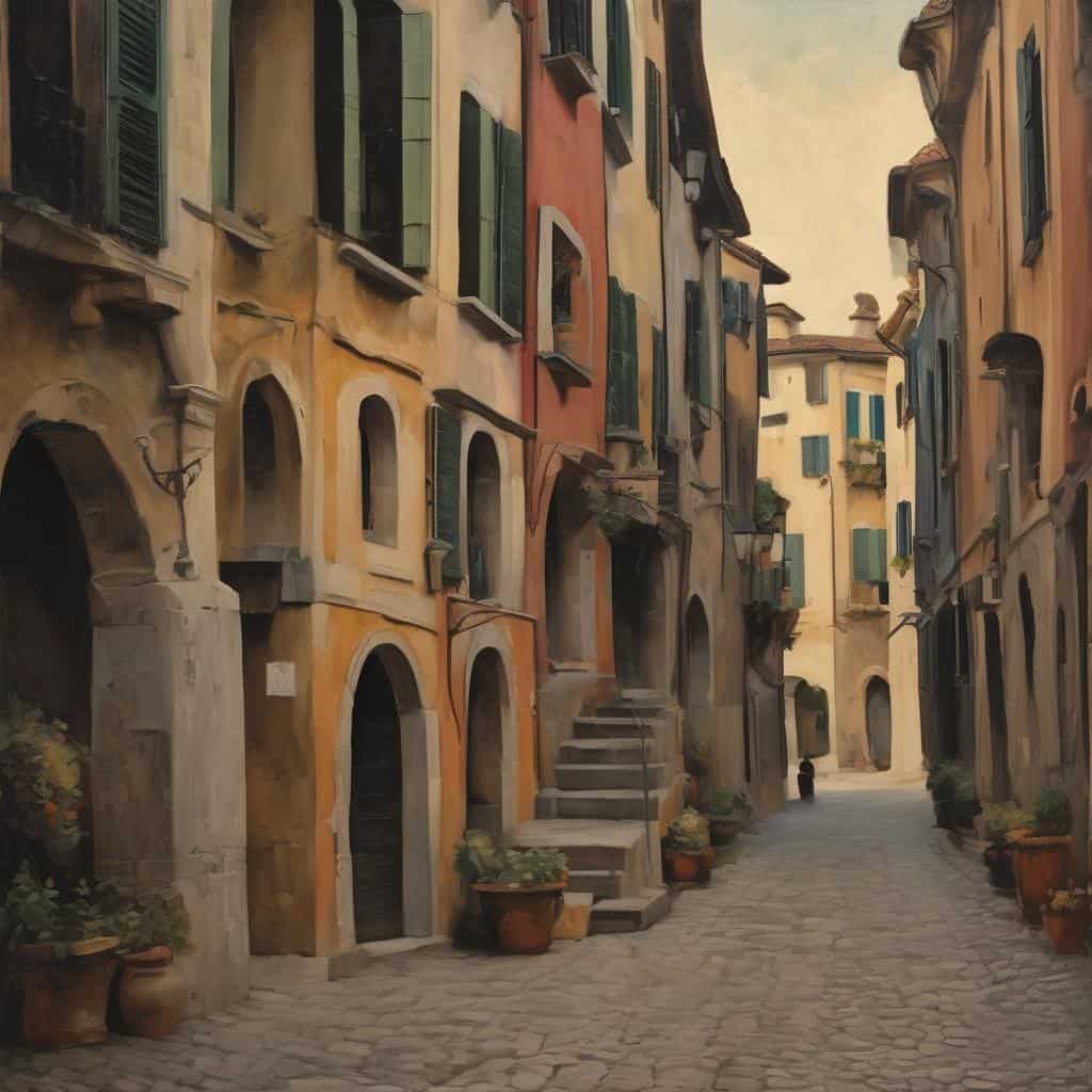 Παλιό γραφικό σοκάκι από την Ιταλία με πολύχρωμα σπίτια και λουλούδια, αναδεικνύοντας την πολιτική ελευθερία και τέχνη.