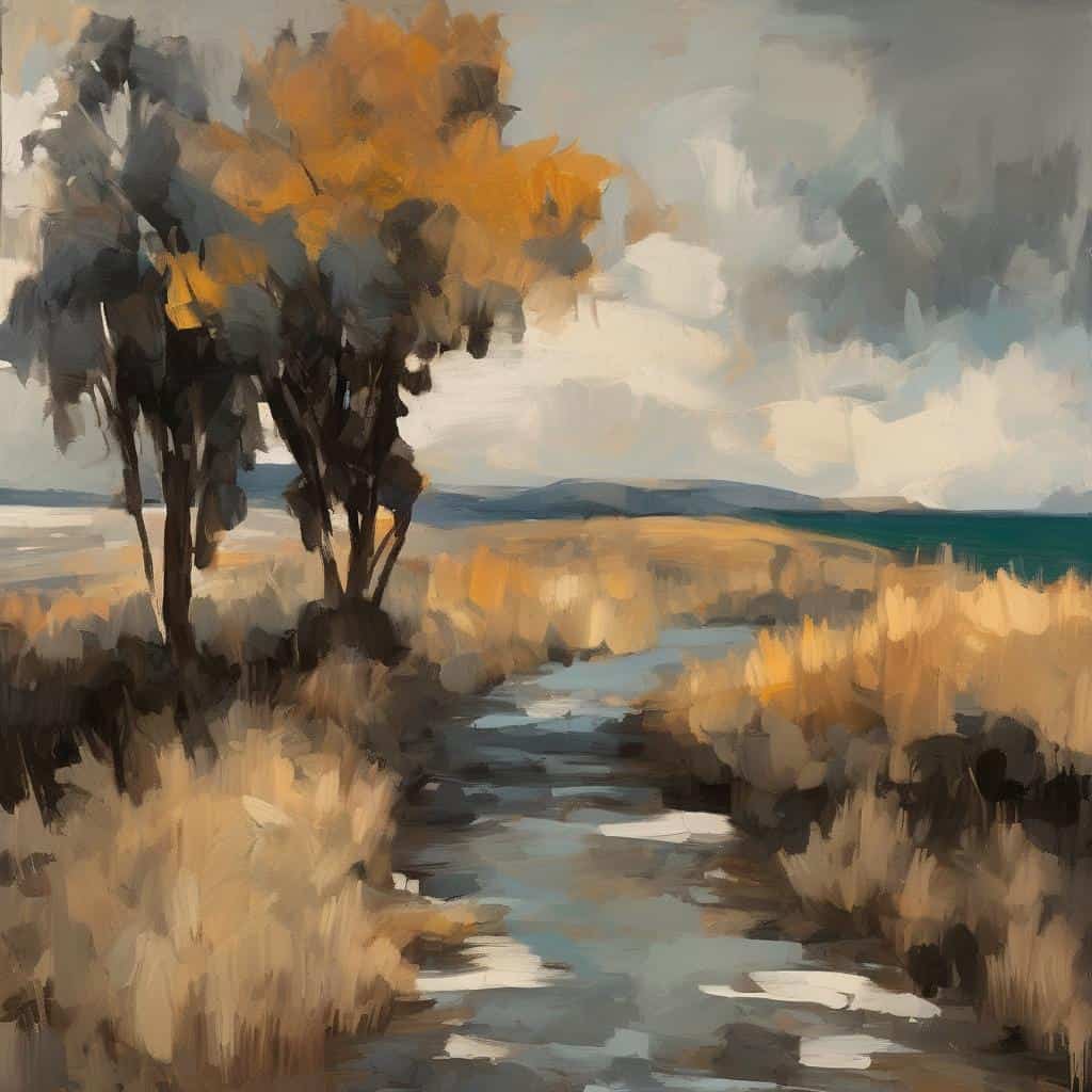 Φύση με δέντρο και ποτάμι σε κάουτσου πίνακα.