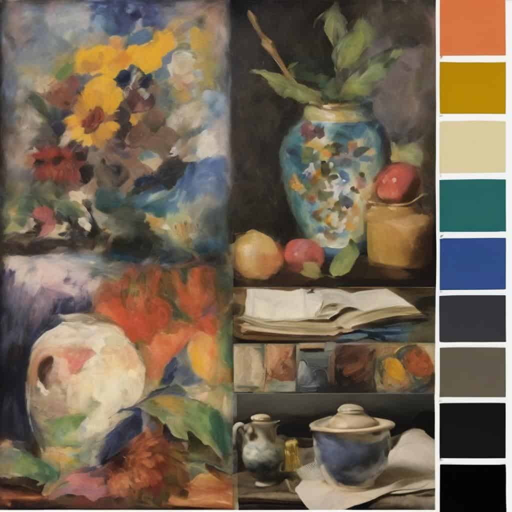 Ζωγραφιά με ανθισμένα λουλούδια και φρούτα, εκφραστική πολιτική τέχνη.